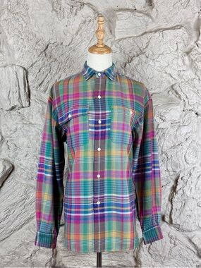 Ralph Lauren Blue Label c. 1980s Button-Down Shirt Sunset Madras Plaid | 10